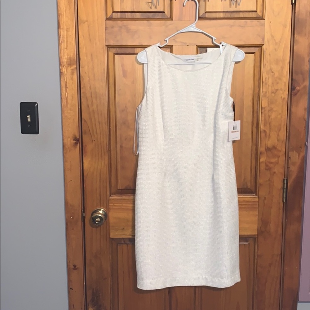 NWT CALVIN KLEIN 12 white & silver fitted dress